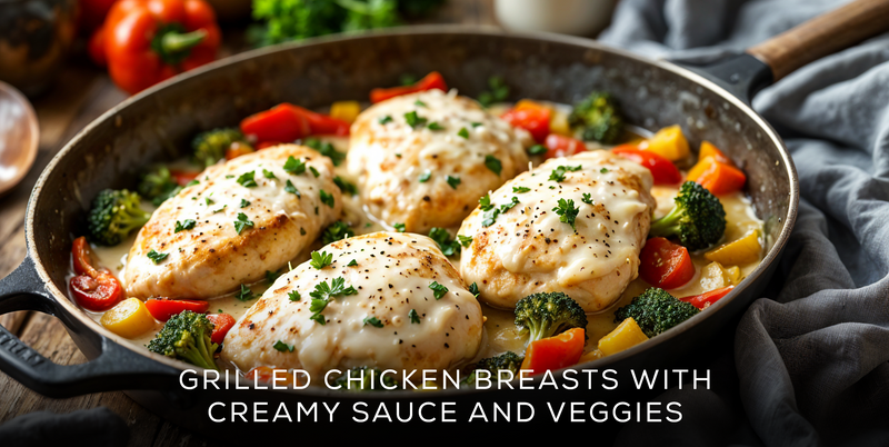 Grilled chicken breasts with creamy sauce and veggies